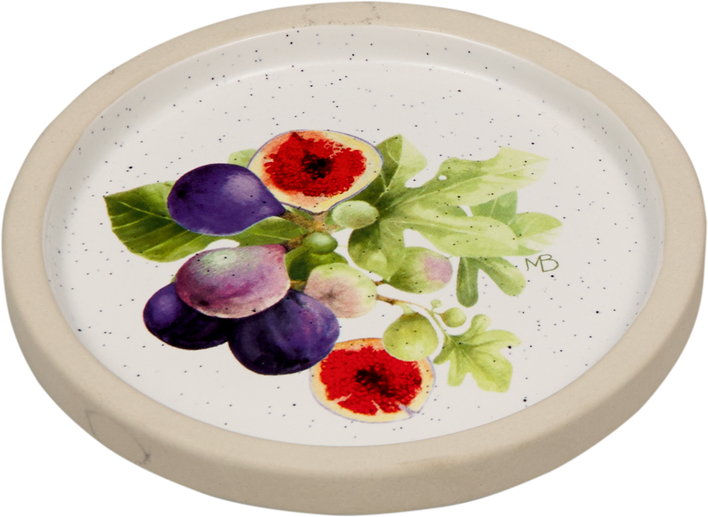Weißer, runder Keramikteller mit gemalten Feigen und grünen Blättern