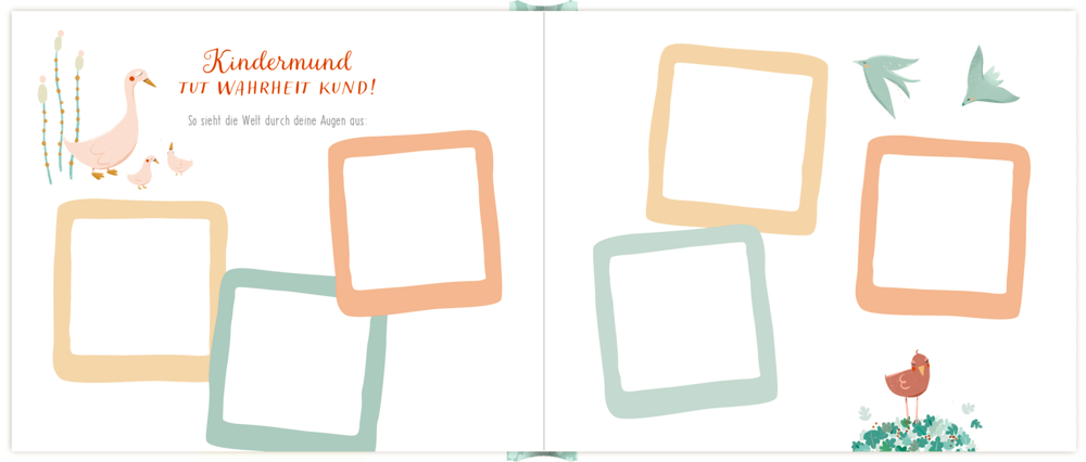 Weiße Eintrag-Seiten mit bunten leeren Rahmen für Einträge, Vögeln, einer Henne, einer Gans, Küken und Pflanzen.