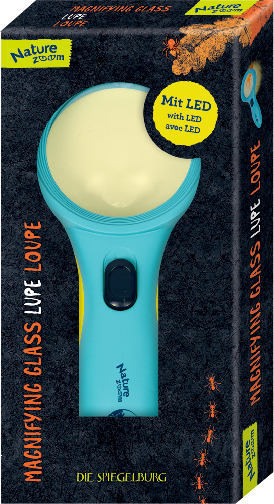 Blaue LED-Lupe in Nature Zoom-Verpackung mit orangefarbenem Text und Ameisenillustrationen.