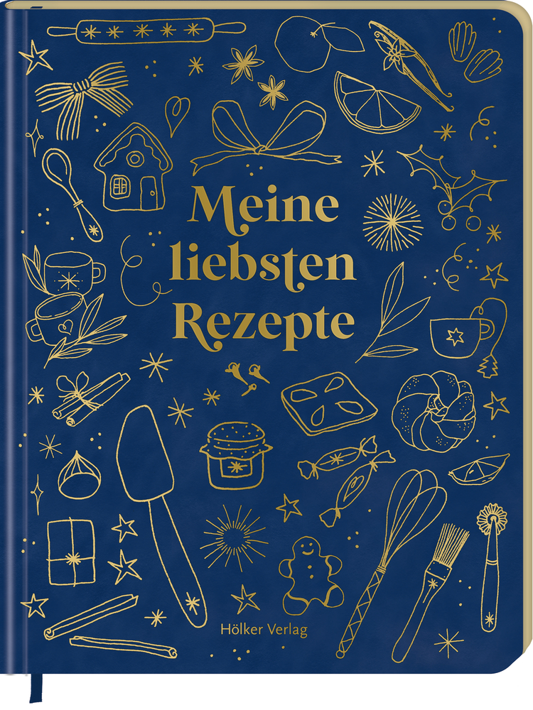 Blauer Rezeptbucheinband mit goldenen Backillustrationen und dem Titel „Meine liebsten Rezepte“ in goldener Schrift.