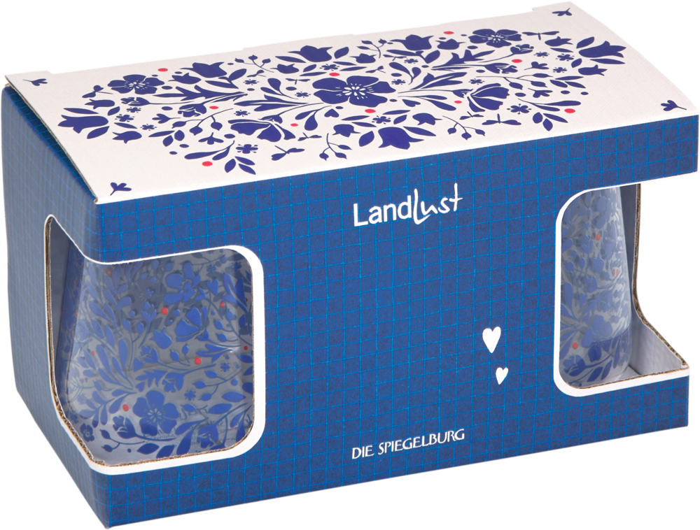 Blaues Glas mit Blumenmuster in einer blauen Landlust Box mit Herzmotiven und durchsichtigen Fensterbereichen.