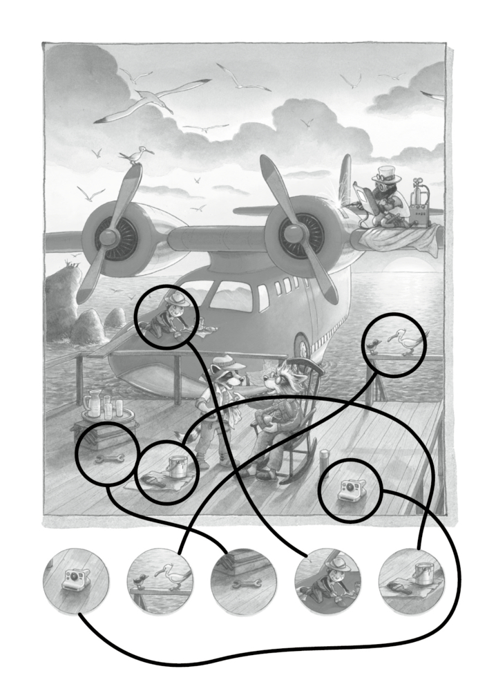 Zwei Abenteurer entspannen am Wasserflugzeug, Linien verbinden Objekte auf dem Steg mit Detailansichten darunter, auf der Lösung einer Rätselseite.