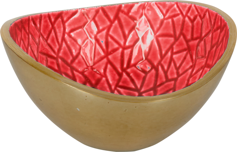 rot, Kleine Metall-Schale - Lieblingsstücke Beige Schüssel mit glänzender, strukturierter roter Innenseite und einem kräftigen geometrischen Muster.
