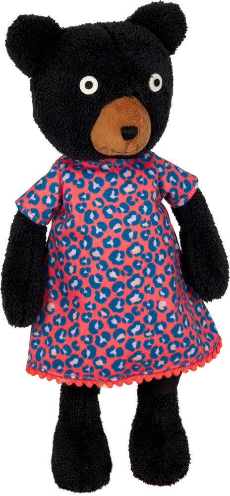Schwarzer Teddybär in einem leuchtend rosa-blauen Kleid mit Leopardenmuster und Besatz am Saun, aufrecht stehend.