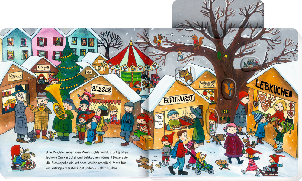 Festliche Weihnachtsmarktszene mit dekorierten Ständen und Menschen, die saisonale Speisen und Leckereien genießen, auf einer Innenansicht mit Text.