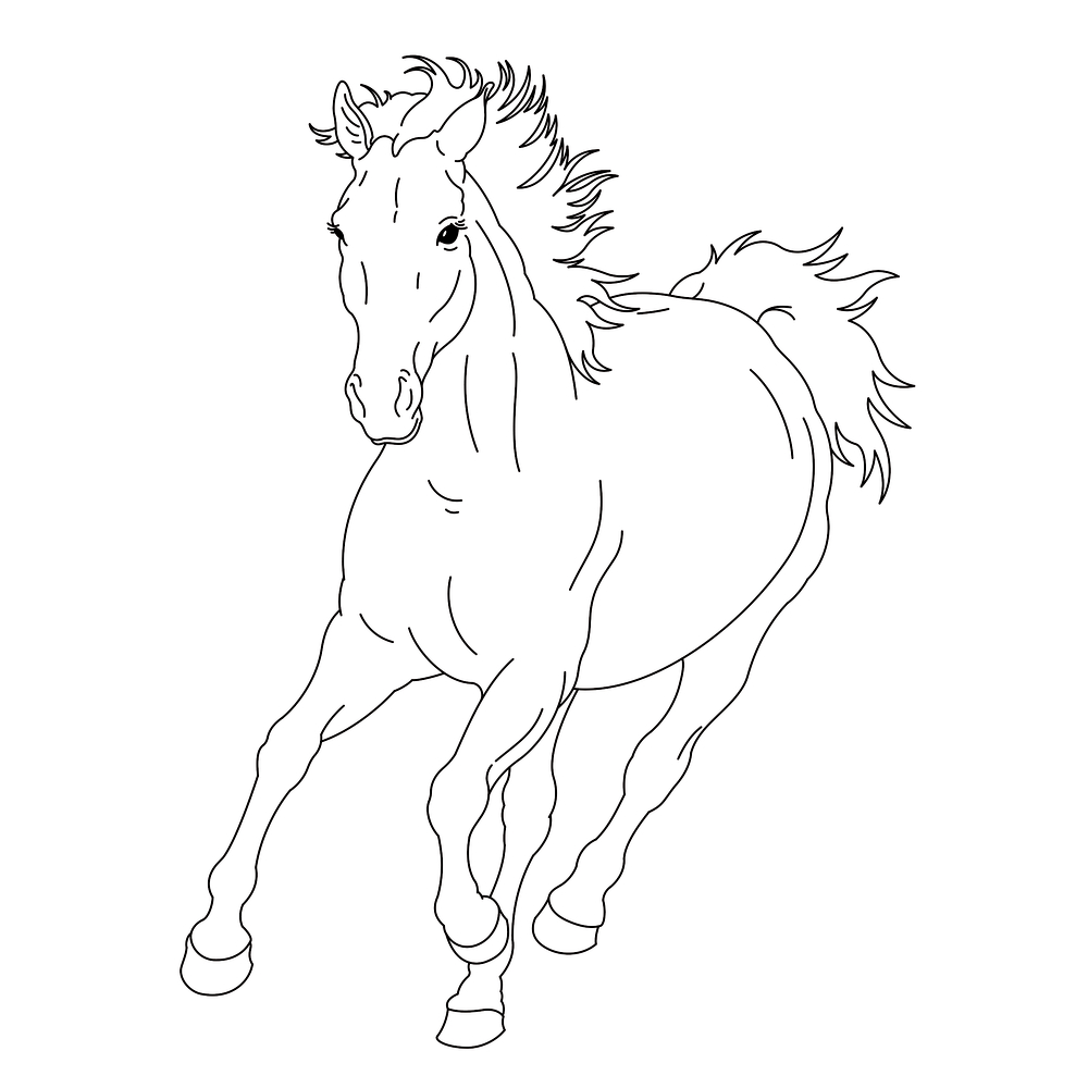 Ausmalbild eines rennenden Pferdes mit wehender Mähne und Schweif.