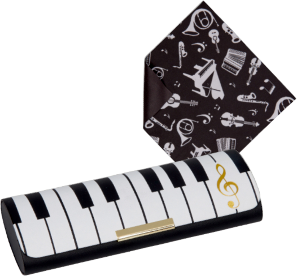 Brillenetui mit Klaviertasten-Design, inklusive Reinigungstuch mit Musikmotiv.