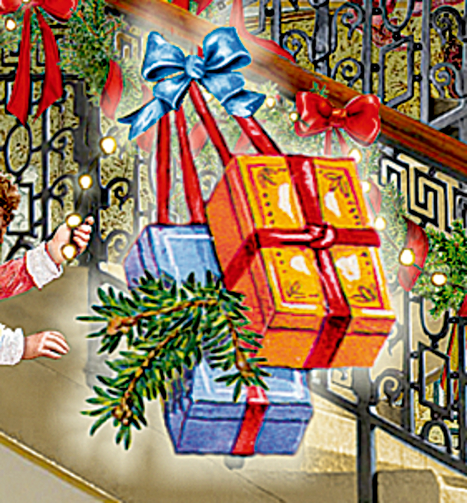 Zwei verpackte Geschenke mit Schleifen und Tannengrün hängen an einem mit Girlanden und roten Bändern geschmückten Geländer.