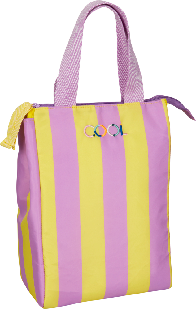 Lunchtasche, flieder & gelb - TO GO Lila und gelb gestreifte Einkaufstasche mit „COOL“ auf der Vorderseite und rosa Griffen.