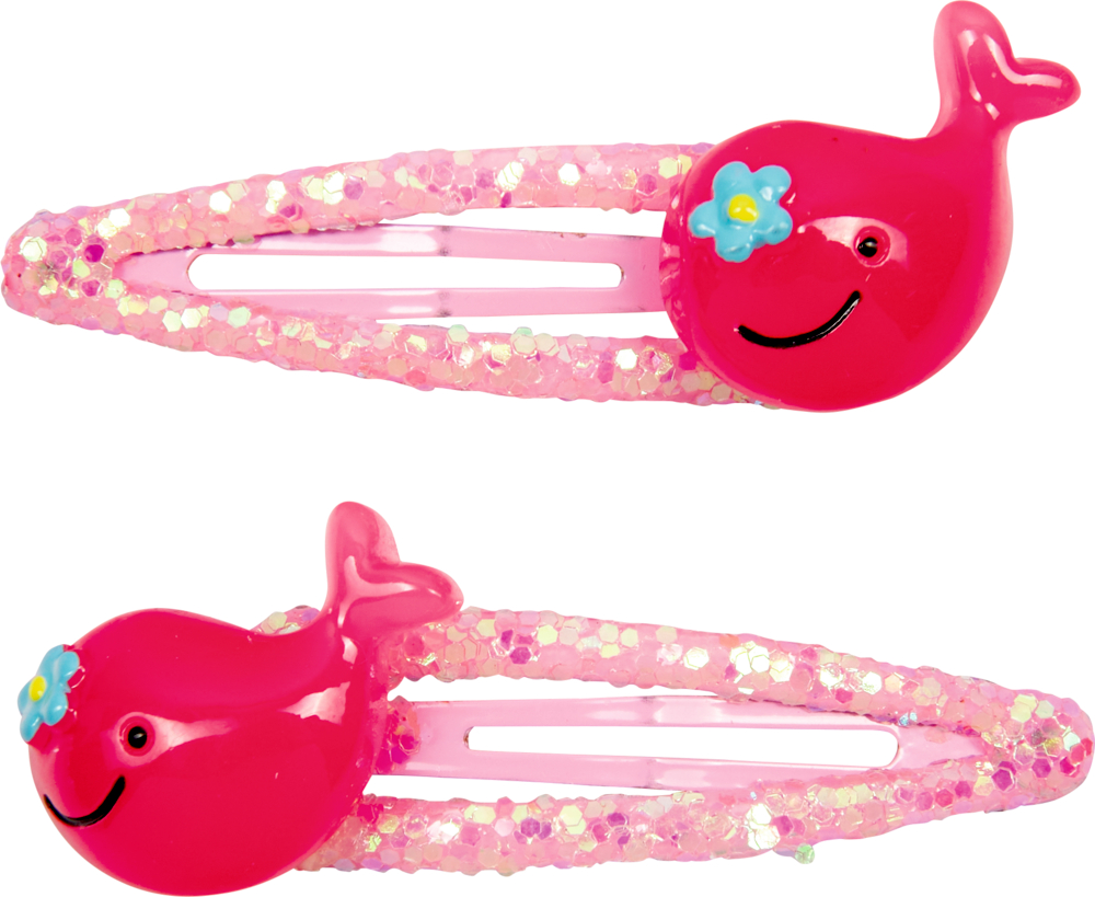 Zwei pinke glitzernde Haarspangen mit lächelnden Walfiguren und blauen Blumenakzenten.