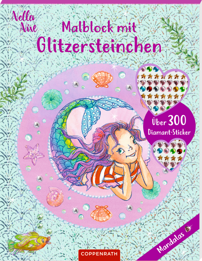 Farbiges Buchcover mit lächelnder Meerjungfrau, Muscheln und herzförmigen Diamantstickern, Titel oben.