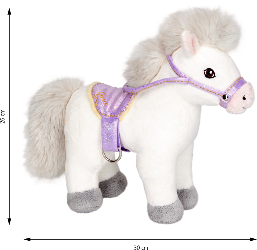 Weißes Plüschpony mit lila Sattel und Zaumzeug und den Maßanhaben 26 cm und 30 cm.