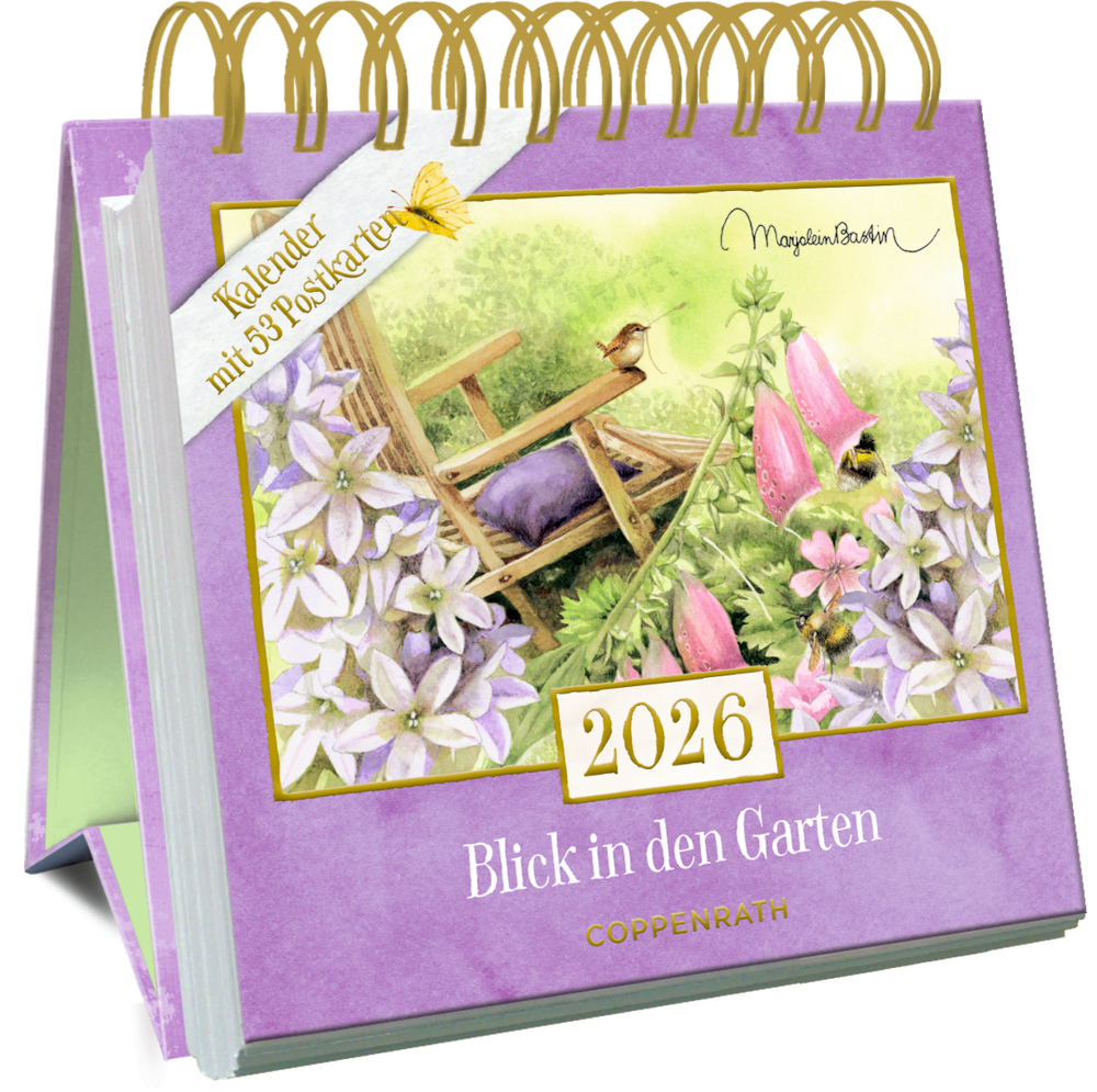 Postkartenkalender: Blick in den Garten 2026 - M.Bastin Lilafarbener Tischkalender 2026 mit Gartenillustration, mit Blumen, einem Vogel und dem Text „Blick in den Garten“.