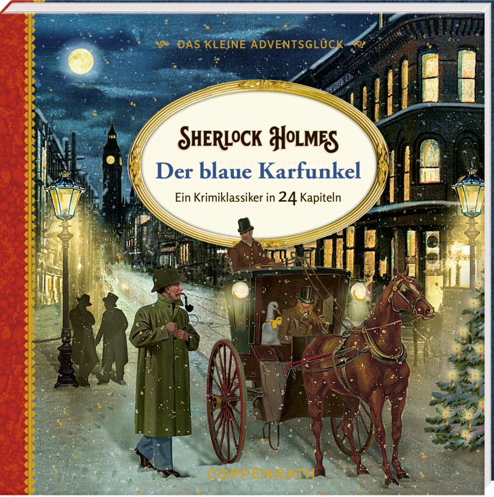 Buchcover "Sherlock Holmes - Der blaue Karfunkel", mit Sherlock Holmes in verschneiter Stadt neben einer Kutsche unter nächtlichen Straßenlaternen.