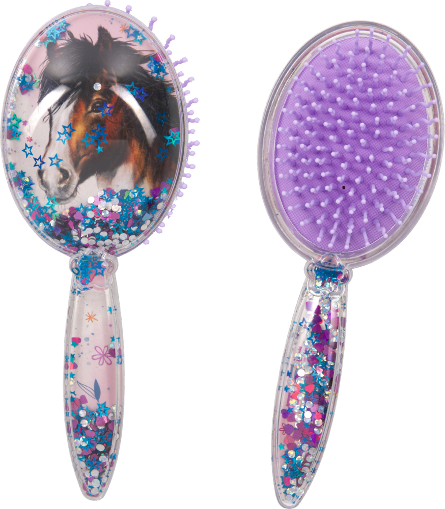 Zwei glitzernde Haarbürsten mit violetten Borsten, eine hat auf der Rückseite ein Pferdebild.