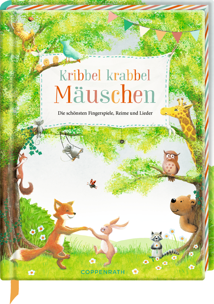 Kribbel krabbel Mäuschen - Fingerspiele, Reime und Lieder Kinderbuchcover mit Waldtiere, Bäume und der Titel lautet „Kribbel krabbel Mäuschen“.