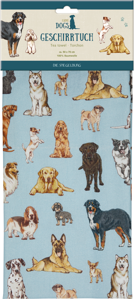 Zusammengefaltetes, hellblaues Geschirrtuch mit kleinen Hundeillustrationen, befestigt an einer Trägerkarte.