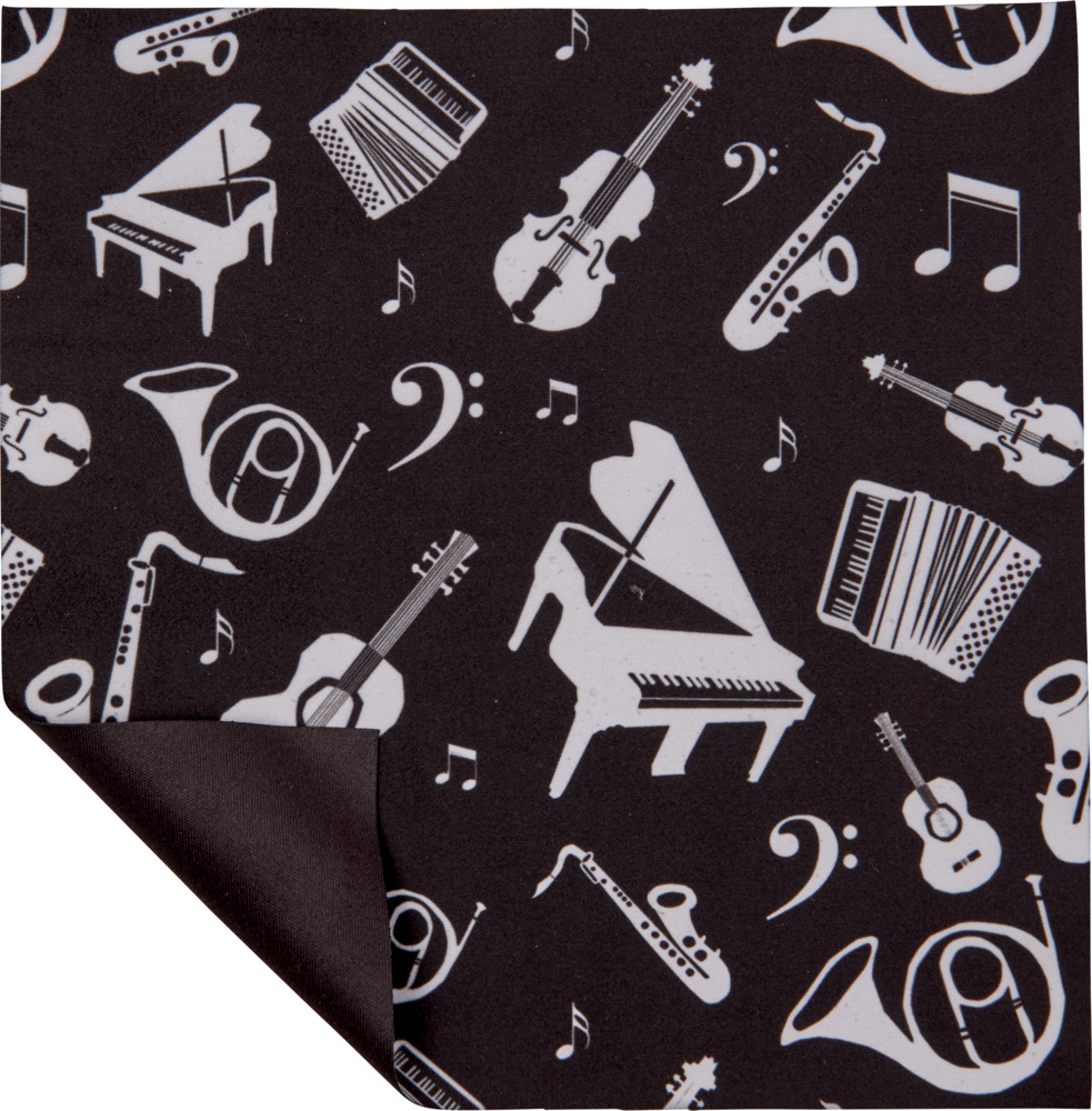 Schwarzer Stoff mit weißem Klavier, Gitarre, Saxophon, Horn, Musiknoten und Symbolen.