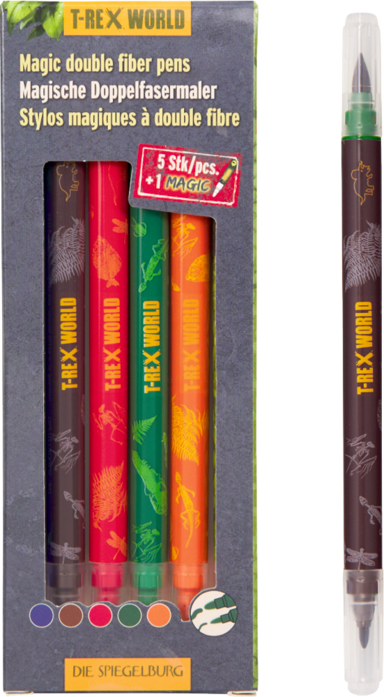 Fünf bunte T-Rex World Filzstifte mit Dinosauriermotiven in einer Schachtel, ein Stift daneben.
