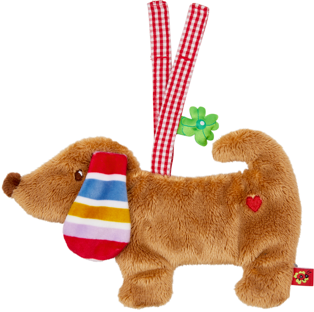 Knistertuch Dackel - BabyGlück Plüsch-Hundespielzeug mit bunt gestreiftem Schlappohr, rotem Herzaufnäher und rot karierten Aufhängebändern.