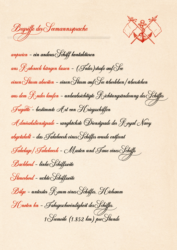 Beilage mit deutschen nautischen Begriffe mit Definitionen, elegant in dekorativer Schrift auf Papier im Vintage-Stil geschrieben.