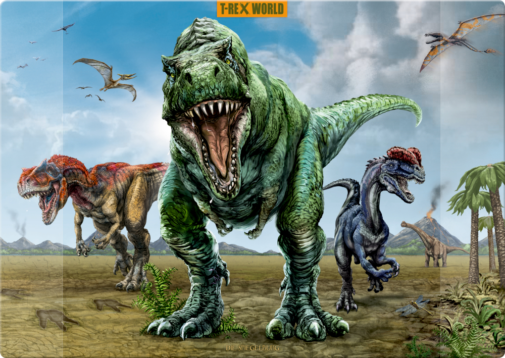 Schreibtischauflage T-Rex World Drei Dinosaurier, darunter ein T-Rex, rennen auf den Betrachter zu; darüber fliegen Flugsaurier.