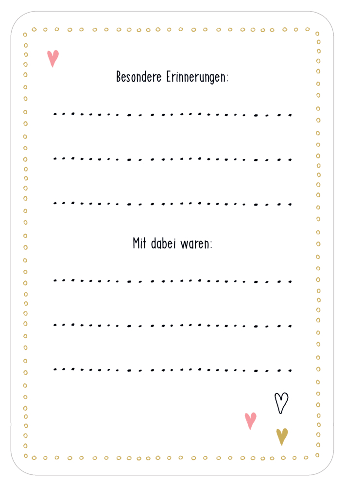 Dekorative Vorlage mit gepunkteten Linien für Erinnerungen und Teilnehmer, umrandet von Herzen und Punkten.