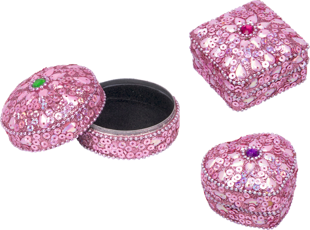 Drei kleine rosa Dosen in runder, quadratischer und herzförmiger Form mit Pailletten- und Schmucksteinverzierung.