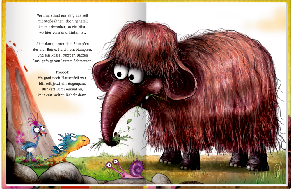 Innenansicht auf der ein großes, pelziges Mamut im Gras steht, während drei bunte, überraschte Tiere zuschauen, daneben befindet sich deutscher Text.