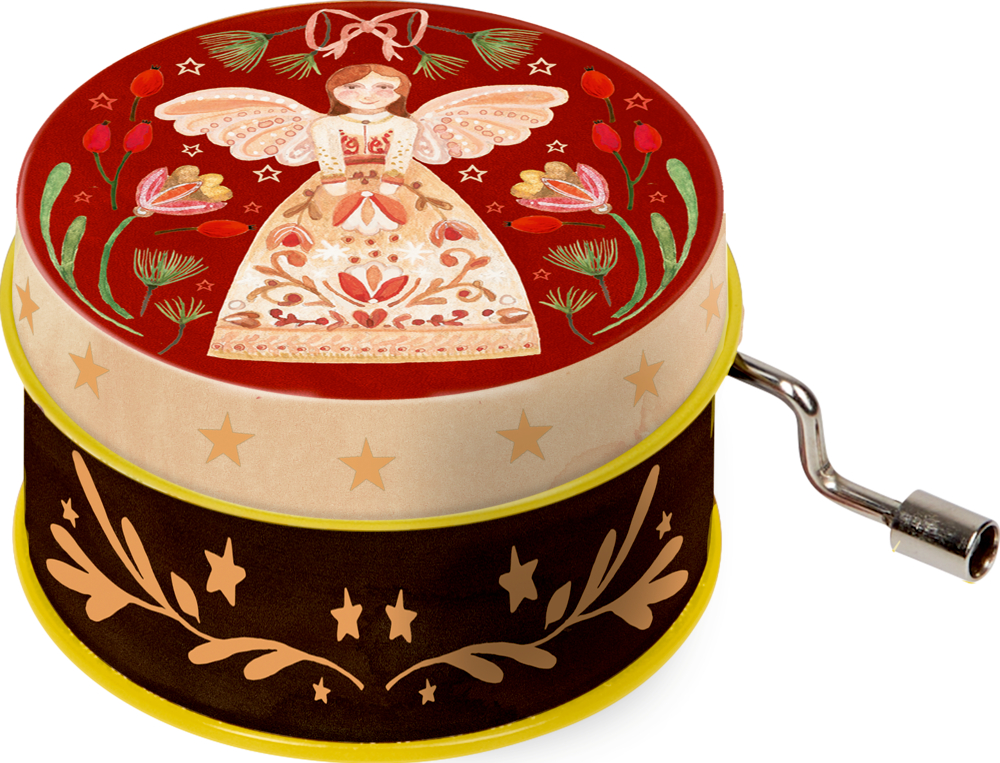 Bunte Spieluhr mit Handkurbel und einem Engel aud dem Deckel, Sternen und Blumenmuster auf dem Deckel und den Seiten.