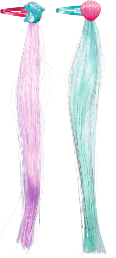 Zwei Haarspangen mit langen Kunsthaarsträhnen: eine rosa mit violetten Haaren, eine blaugrün mit blauen Haaren.
