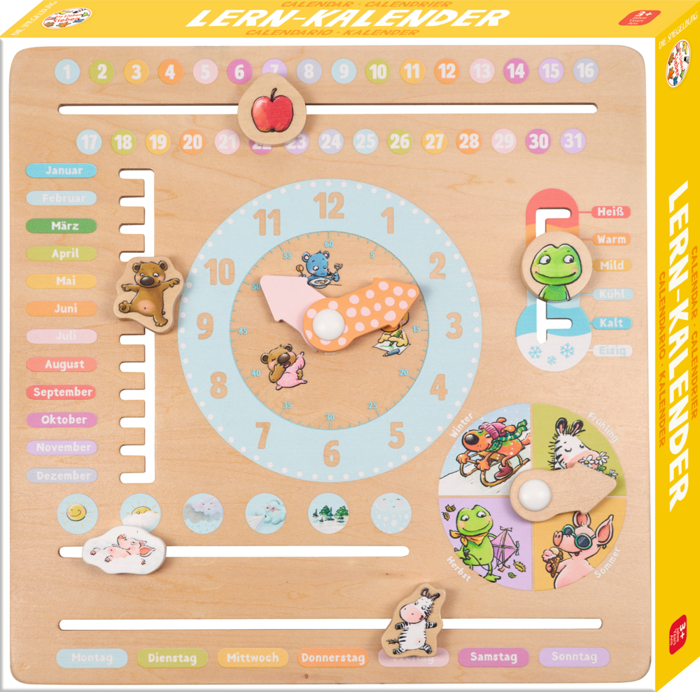 Lernkalender aus Holz für Kinder mit Uhr, Monaten, Tagen, Wettersymbolen und Tierillustrationen.