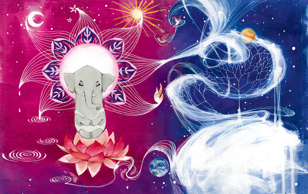 Elefant auf einer Lotusblume mit kosmischen, himmlischen Elementen auf rosa und blauem Hintergrund.