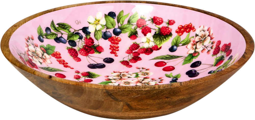 Holzschale mit rosa Innenfläche, verziert mit bunten Beeren und Blumenmustern.