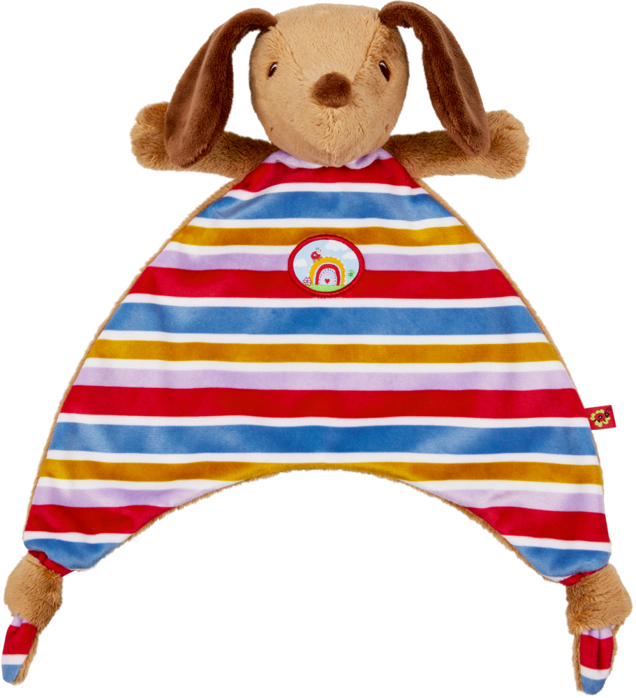 Schnuffeltuch Dackel - BabyGlück Plüschiges Hundekuscheltier mit Schlappohren und einem mit bunten Querstreifen verzierten Stoffkörper.