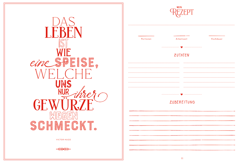 Zweiseitige Rezeptvorlage in Rot mit Zitat links und Linienfeldern für Portionen, Zutaten und Zubereitung rechts.