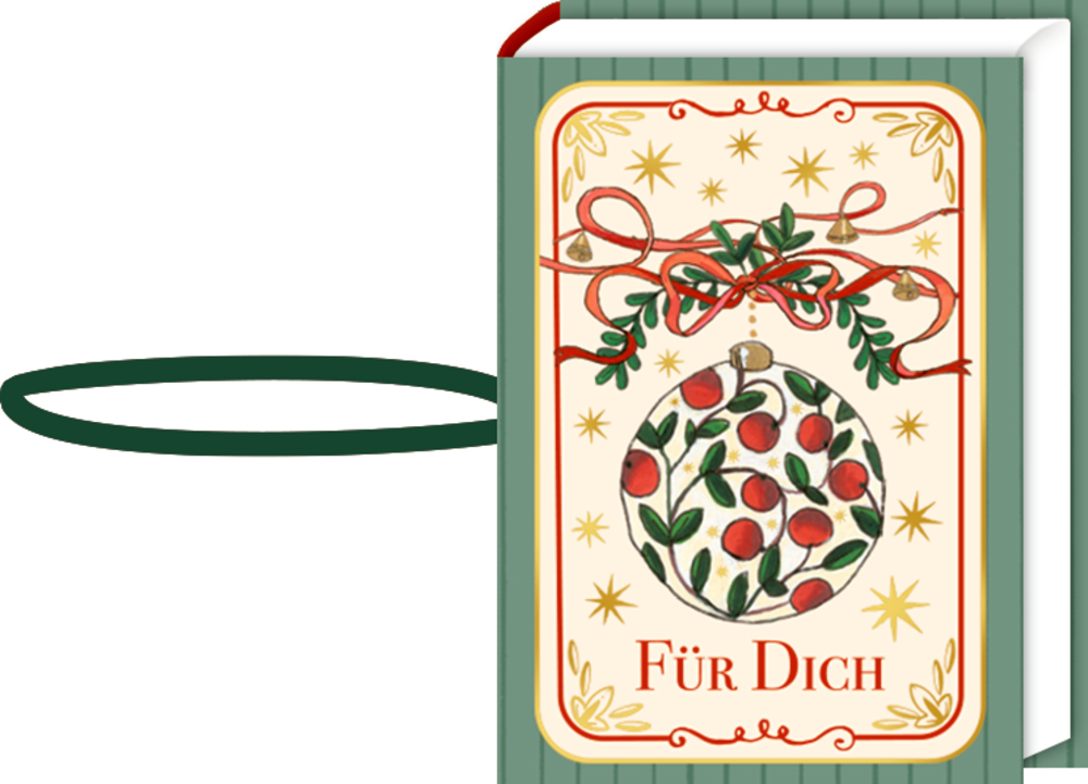 Grünes Büchlein mit Schlaufe, rotem Kugelmotiv und Text „Für Dich“.