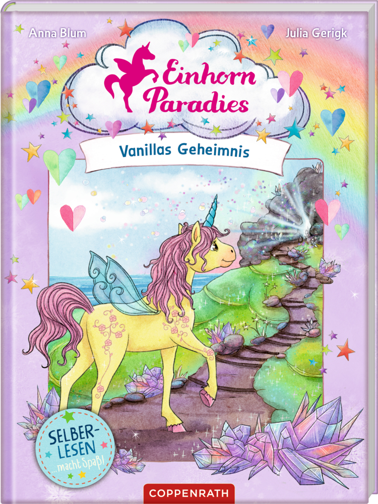 Einhorn-Paradies (Leseanfänger, Bd.3) - Vanillas Geheimnis Gelbes Einhorn mit lila Mähne steht bei funkelnden Steinen unter Regenbogenhimmel, auf dem Buchcover von "Einhorn Paradies - Vanillas Geheimnis".