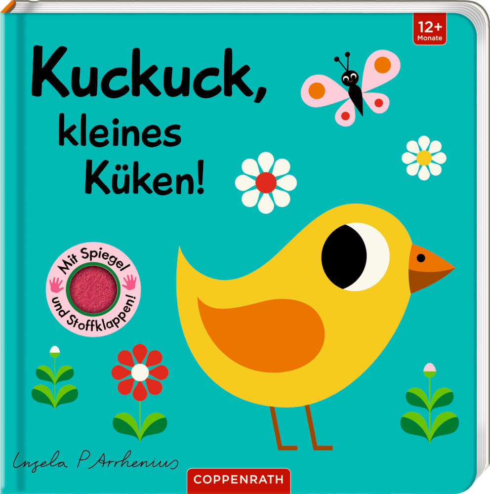 Buchcover mit einen gelben Küken, Blumen und Schmetterling mit Text „Kuckuck, kleines Küken!“.