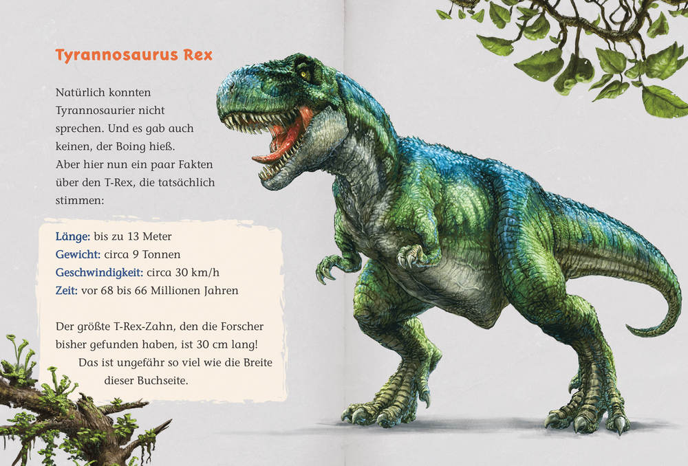 Zwischen Pflanzen steht ein brüllender Tyrannosaurus Rex mit grün-blauen Schuppen, auf einer Innenansicht mit informativem Text.