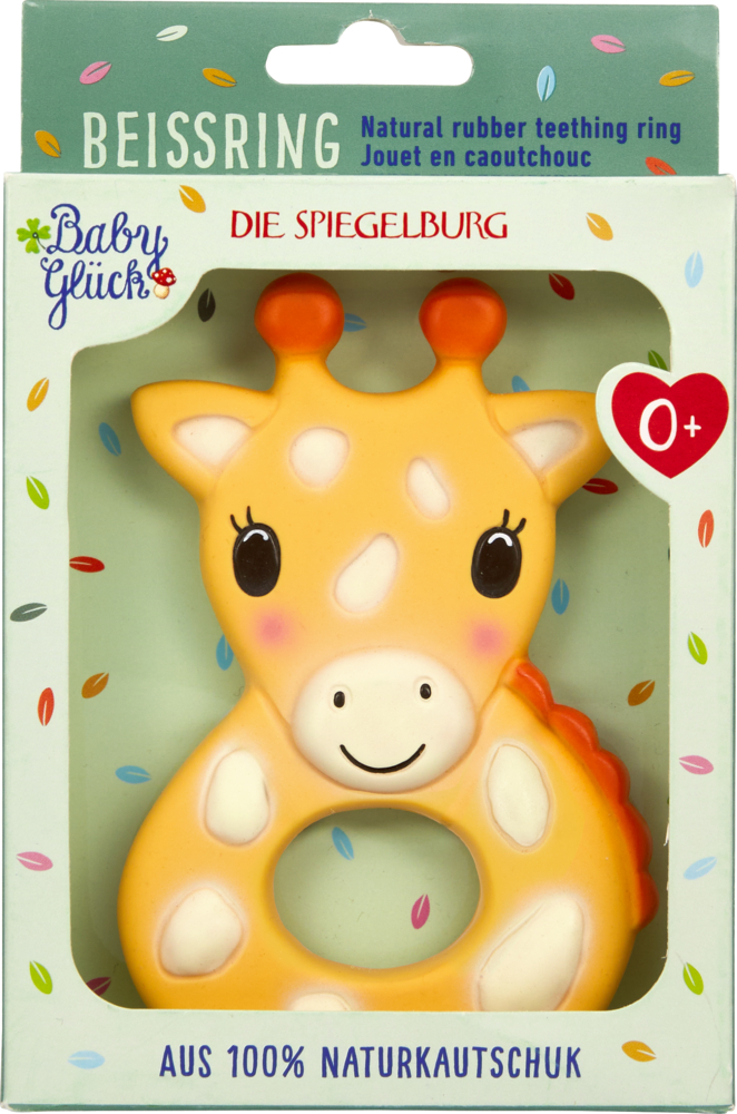 Giraffenförmiger Baby Beißring in Verpackung mit Aufschrift Baby Glück und Aus 100% Naturkautschuk.