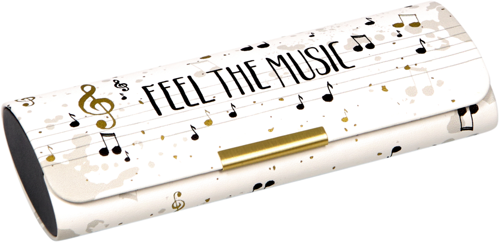 Weißes Brillenetui mit schwarzen Noten und schwarzem Schriftzug FEEL THE MUSIC auf dem Deckel.
