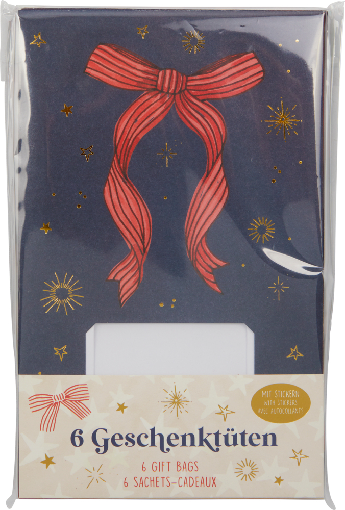 Marineblaue Geschenktüte mit roter Schleife, goldenen Sternen und dem Aufdruck „6 Geschenktüten“ auf der Verpackung.