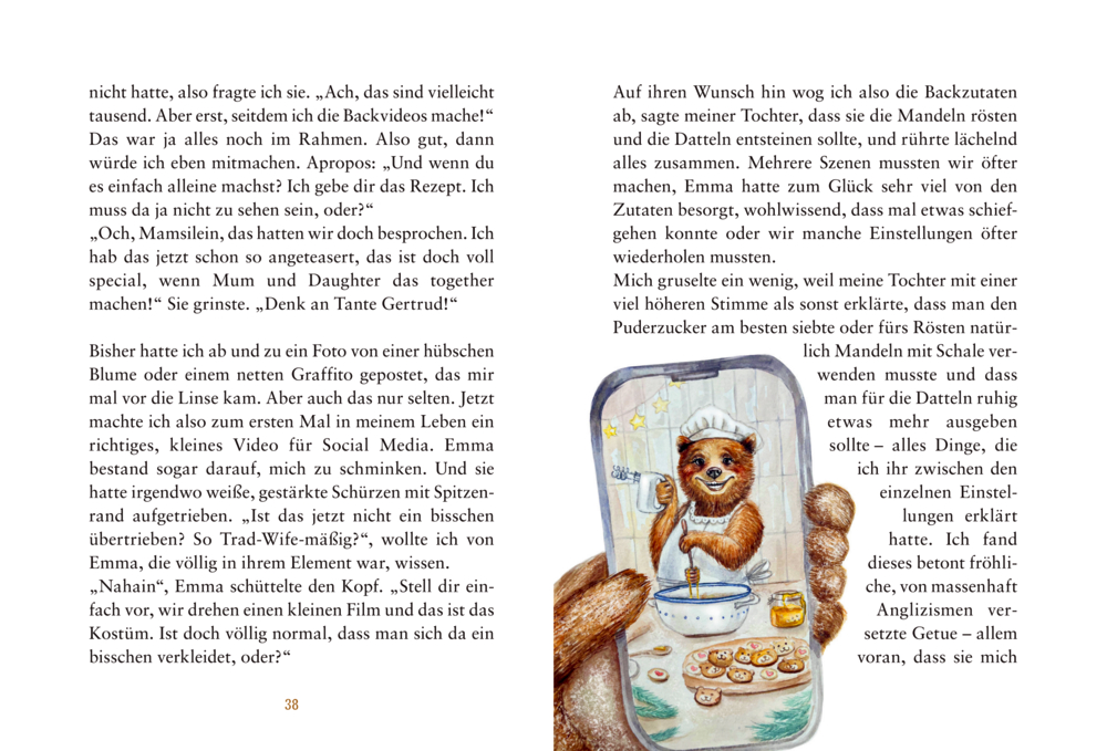 Gezeichnetes Bärenkind mit Kochmütze und Schürze rührt in einer Schüssel Teig und lächelt, im Hintergrund Backblech mit Plätzchen.