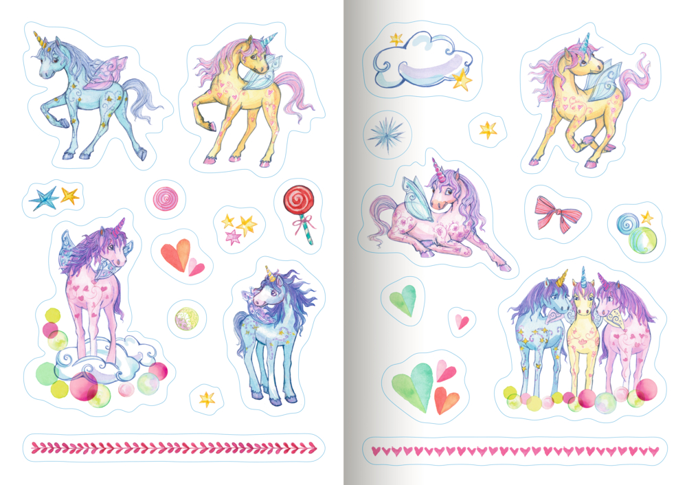 Einhorn-Aufkleber mit Herzen, Sternen, Süßigkeiten, Wolken und Schleifen auf weißem Hintergrund.