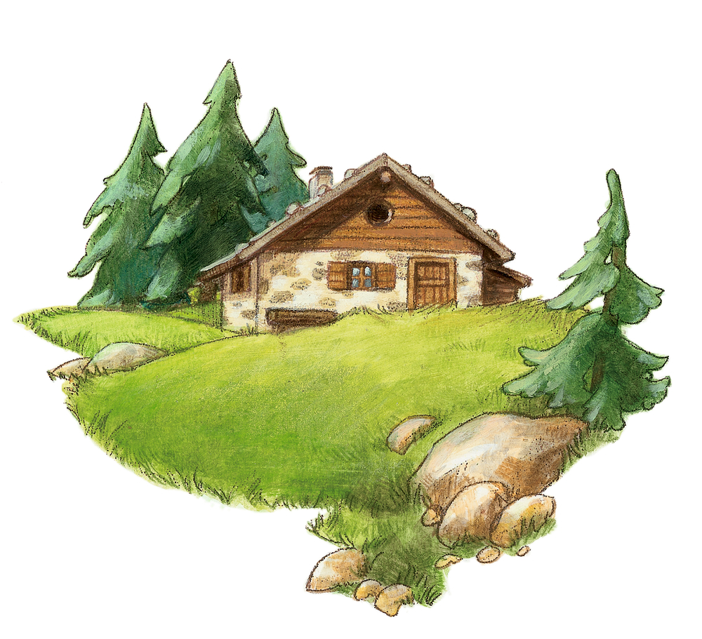 Ein gemütliches Steinhaus mit Holzdach steht auf einem Grasland, umgeben von Bäumen und verstreuten Felsen.