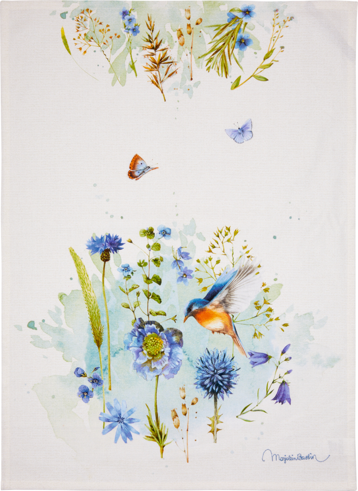 Geschirrtuch "Natur pur" aus Baumwolle - M. Bastin Aquarellvögel und Schmetterlinge mit blauen Wildblumen auf weißem Hintergrund.