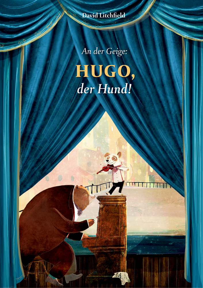 An der Geige: Hugo, der Hund! Auf der Bühne spielt ein Hund Geige, während ein Bär Klavier spielt, beide umrahmt von blauen Theatervorhängen.