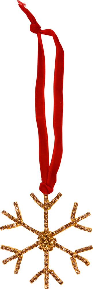 Goldene MEtallschneeflocke mit rotem Band.