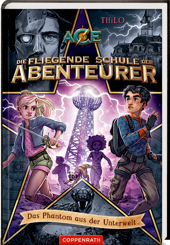 Die fliegende Schule der Abenteurer (Bd. 3) Buchcover: Vier Kinder rennen vor Blitzen vor einem Turm davon.